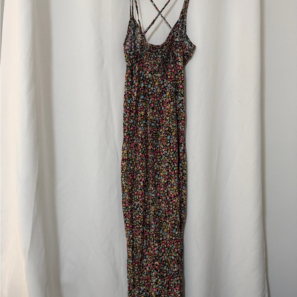 Zara Black Floral Smocked dress with Pink, Yellow, Blue & Green Details